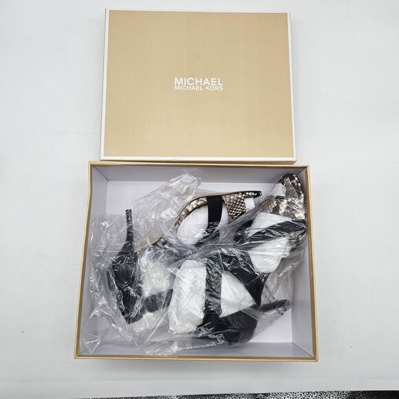 Michael Michael Kors Wendy Mid Sandals Womens Size 7.5 Black Snake Leather Heels - Picture 3 of 15